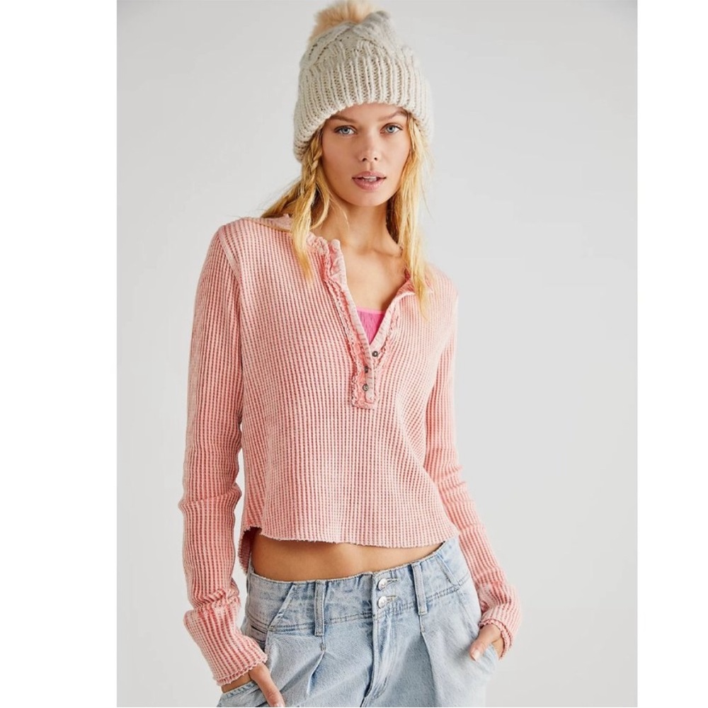 Free People One Colt Pink Ribbed Henley Thermal Top - Picture 2 of 10